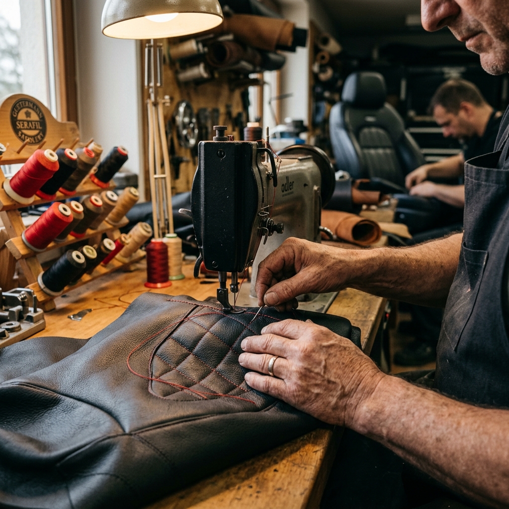 Artisan sewing leather inside ECW workshop